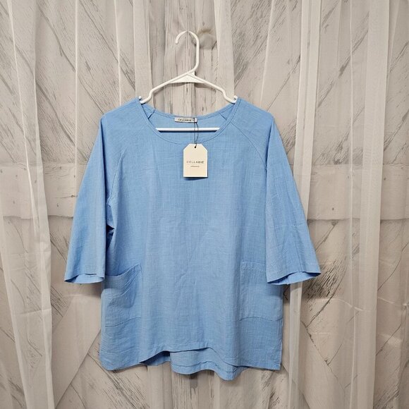 NWT Cellabie Blue Minimalist Lagen Look Oversized Blouse Size S - Picture 8 of 13
